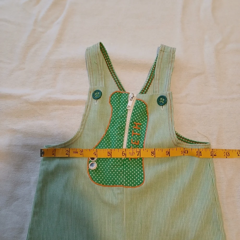 Vintage Green Kids Overalls Size 4T Alligator Zipper Teeth Pinstriped Button - Picture 6 of 8